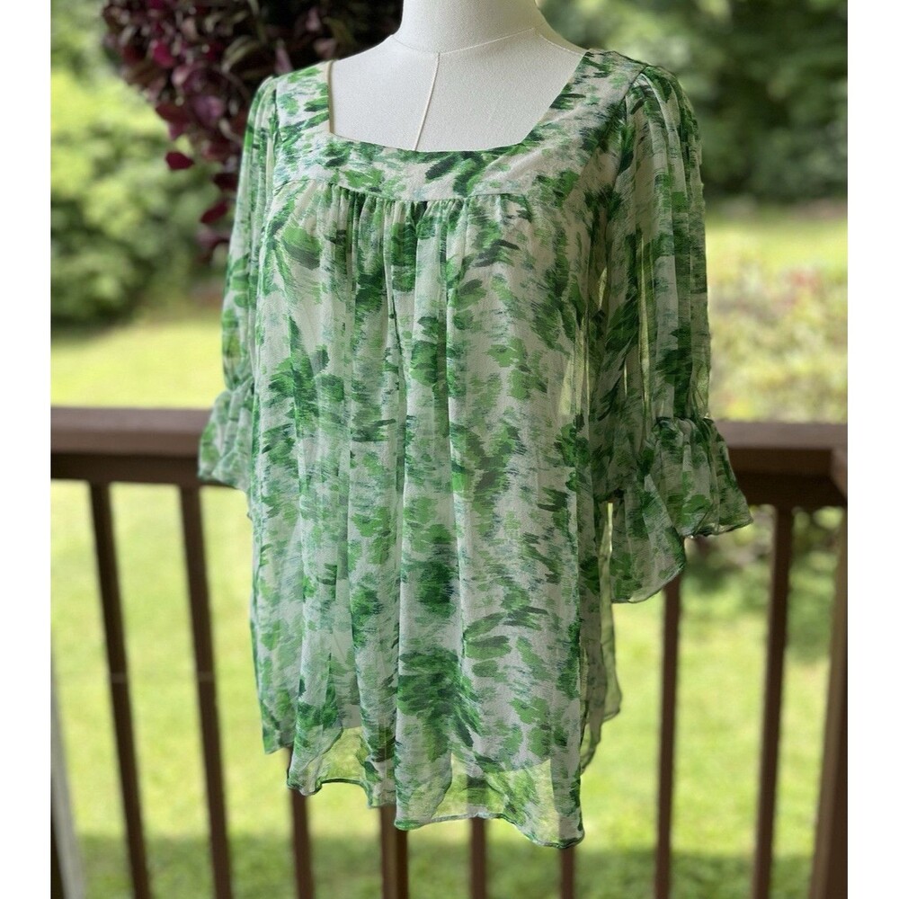 Vintage Betsey Johnson New York Silk Chiffon Sheer Floral Blouse Green/White 10